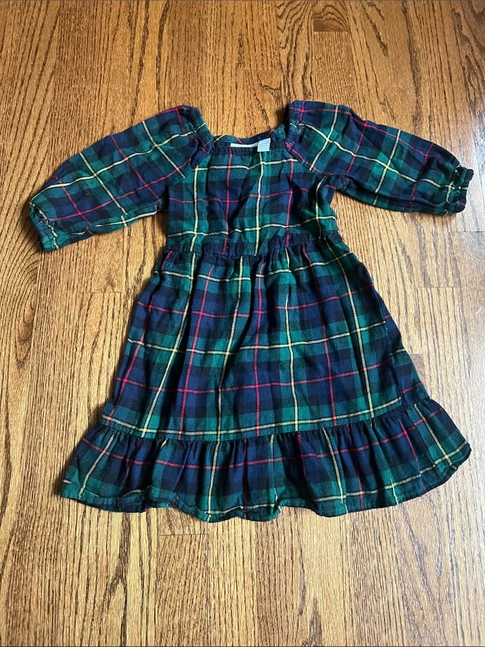 The Children's Place Green Plaid 3/4 Long-Sleeve Ruffle Dress